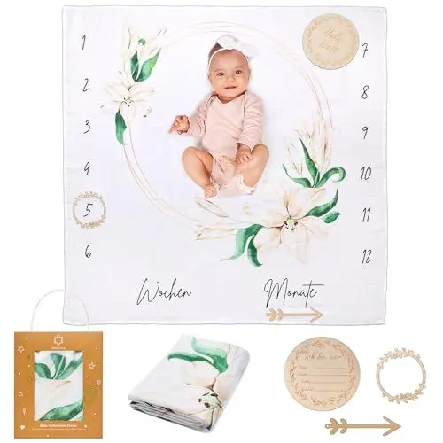 Produktbild: ODOXIA Baby Meilenstein Decke auf Deutsch | Baumwolle Musselin Tuch | Pucktuch | Monatsdecke Baby Junge & Mädchen, Unisex | Blättern & Rahmen | Geschenk Für Mütter | DE