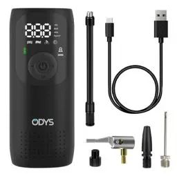 Produktbild: ODYS FlexPump akkubetriebener tragbarer elektrischer Luftkompressor Luftpumpe für Auto, Motorrad, Scooter, Fahrrad, Bälle (0-10Bar/0-150PSI, 2000mAh, Aufladung per USB-C, digitale Anzeige, LED Licht)