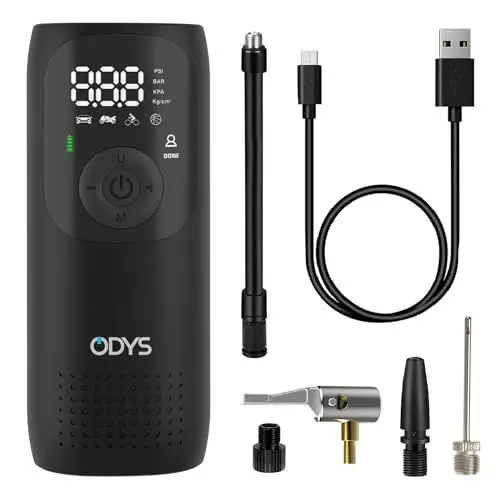 Produktbild: ODYS FlexPump akkubetriebener tragbarer elektrischer Luftkompressor Luftpumpe für Auto, Motorrad, Scooter, Fahrrad, Bälle (0-10Bar/0-150PSI, 2000mAh, Aufladung per USB-C, digitale Anzeige, LED Licht)