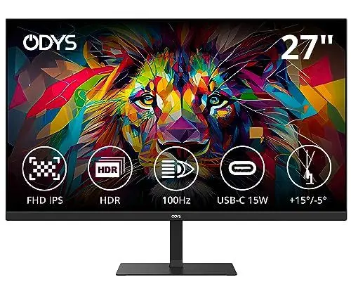 Produktbild: ODYS i27 Monitor - 27-Zoll-Bildschirm im rahmenlosen Design, Full HD, 100 Hz, mit HDR, IPS Panel, FreeSync, HDMI, USB-C, 3,5mm Audio