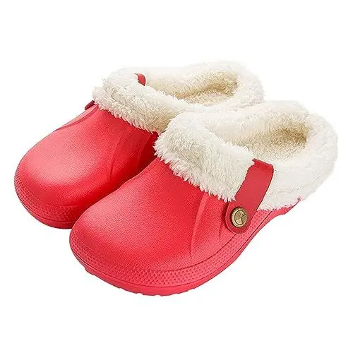 Produktbild: OEAK Damen Clogs Gefüttert Herren Plüsch Hauschuhe Warme Arbeitsschuhe Wasserdicht Gartenschuhe rutschfest Pantoffeln für Indoor Outdoor,Rot,39/40 EU