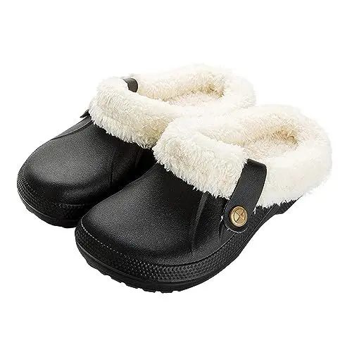 Produktbild: OEAK Damen Clogs Gefüttert Herren Plüsch Hauschuhe Warme Arbeitsschuhe Wasserdicht Gartenschuhe rutschfest Pantoffeln für Indoor Outdoor,Schwarz,39/40 EU