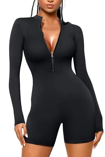 Produktbild: OEAK Damen Jumpsuit Kurz Sommer Eng Yoga Bodysuit Overall Langarm V-Ausschnitt Playsuits mit Reißverschluss Einteiliger Sportanzug Ganzkörperanzug,Schwarz,S