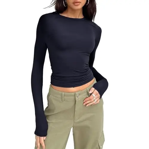 Produktbild: OEAK Damen Langarmshirts Y2K Oberteile Slim Fit Rundhals Cropped Tee Einfarbig Basic Shirts Tops Casual Athletisches Top Teenager Streetwear,Dunkelblau,S