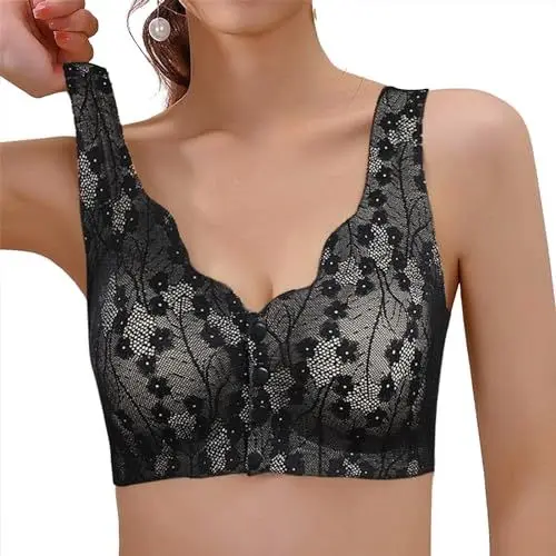 Produktbild: OEAK Damen Nahtlose Spitzen BH ohne Bügel Vorderverschluss Gepolstert Bralette V-Ausschnitt Push up Schlaf Bustier Tops Klassischer Tshirt BH Seamless Bra(Schwarz，3XL)