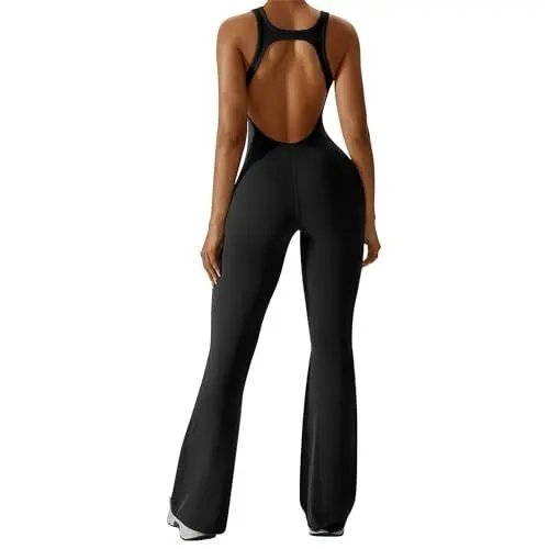 Produktbild: OEAK Damen Sport Jumpsuit Lang Eng Flare Jumpsuits Elegant Hosenanzug Ärmellos Yoga Overall Einteiler Ganzkörperanzug Weites Bein Romper Schlaghosen,H-Rücken Tiefschwarz,M