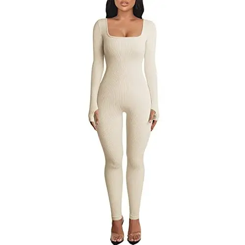 Produktbild: OEAK Damen Sport Jumpsuit Lang Eng Yoga Bodysuit Overall Stretch Langarm Bodycon Strampler Sportanzug Einteiler Hosenanzug Trainingsanzug,Beige,S