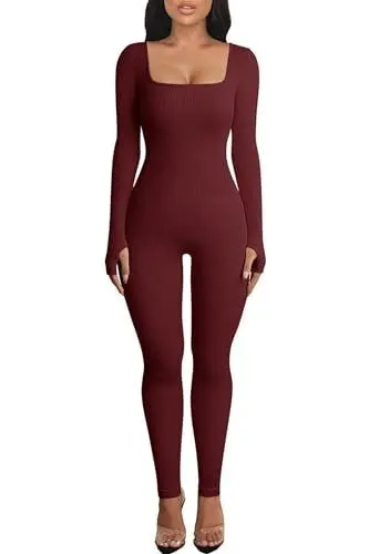 Produktbild: OEAK Damen Sport Jumpsuit Lang Eng Yoga Bodysuit Overall Stretch Langarm Bodycon Strampler Sportanzug Einteiler Hosenanzug Trainingsanzug,Weinrot,L
