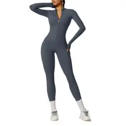 Produktbild: OEAK Damen Sport Jumpsuit Lang Eng Yoga Overall Langarm Rollkragen Playsuits mit Reißverschluss Nahtloser Bodysuit Bodycon Strampler Einteiler Romper,Dunkelblau,M