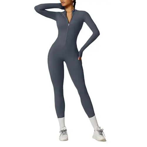 Produktbild: OEAK Damen Sport Jumpsuit Lang Eng Yoga Overall Langarm Rollkragen Playsuits mit Reißverschluss Nahtloser Bodysuit Bodycon Strampler Einteiler Romper,Dunkelblau,M