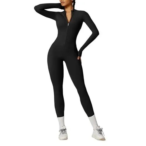 Produktbild: OEAK Damen Sport Jumpsuit Lang Eng Yoga Overall Langarm Rollkragen Playsuits mit Reißverschluss Nahtloser Bodysuit Bodycon Strampler Einteiler Romper,Kohlenschwarz,S