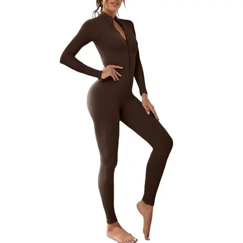 Produktbild: Menore Women's Sports Jumpsuit Long Tight Yoga Jumpsuit Long Sleeve V-Neck Playsuits with Zip Jogging Romper Trouser Suit Tracksuit