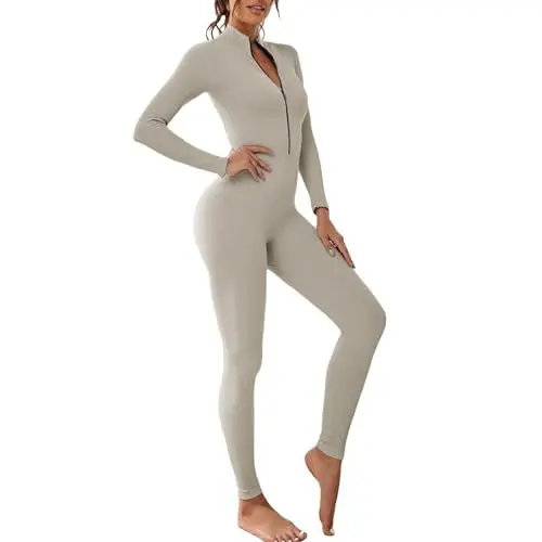 Produktbild: OEAK Damen Sport Jumpsuit Lang Eng Yoga Overall Langarm V-Ausschnitt Playsuits mit Reißverschluss Jogging Strampler Hosenanzug Trainingsanzug,Sliber,M