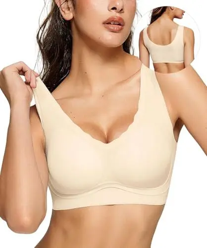 Produktbild: OEAK Nahtloser BH Damen Ohne Bügel V-Ausschnitt Push Up Bustier Bügelloser Gepolstert Buttrig Glatt Bralette Seamless Bra Tshirt BH Soft Schlaf BH,Beige,XL