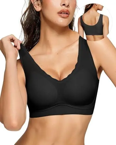 Produktbild: OEAK Nahtloser BH Damen Ohne Bügel V-Ausschnitt Push Up Bustier Bügelloser Gepolstert Buttrig Glatt Bralette Seamless Bra Tshirt BH Soft Schlaf BH,Schwarz,M