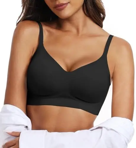 Produktbild: OEAK Nahtloser BH Damen ohne Bügel V-Ausschnitt Zero Feel Bralette Ultrakomfortabler Tshirt BH Soft Schlaf BH Push Up Gepolstert Bügelloser Bustier,Schwarz,L