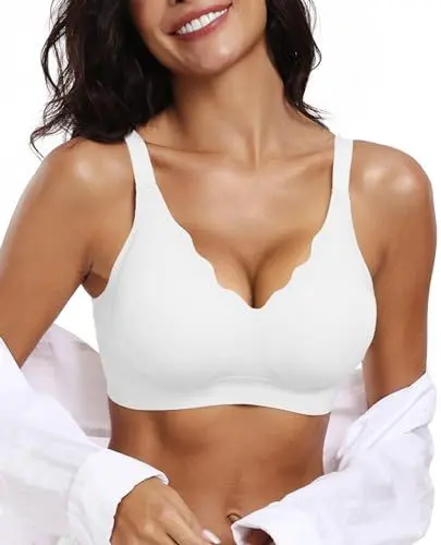 Produktbild: OEAK Bequeme bügellose Push-Up-BHs für Damen, nahtlose Bralettes, weicher V-Ausschnitt, Büstenhalter mit gewelltem Design, volle Abdeckung, Alltags-BH, Weiss/opulenter Garten, Medium
