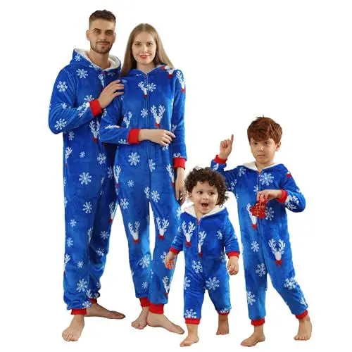 Produktbild: OEAK Weihnachten Schlafanzug Familien Einteiler Jumpsuit Teddy Fleece Schlafoverall Pyjama Overall Flauschig Onesie Warm Strampelanzug Nachtwäsche,Blau,Unisex Kinder,5 Jahre