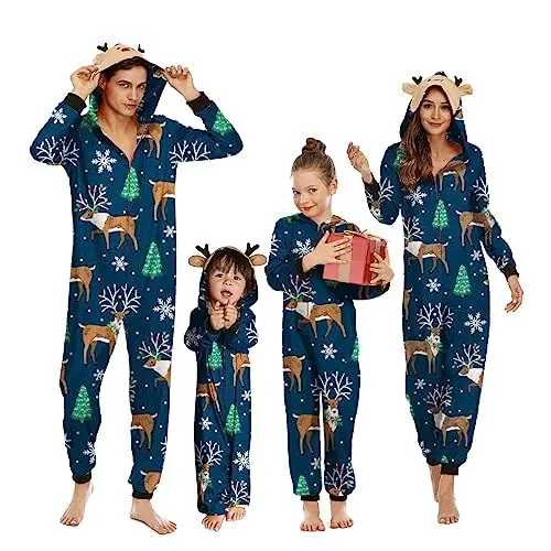 Produktbild: OEAK Weihnachts Schlafanzug Familie Einteiler Onesie Weihnachtspyjama Jumpsuit mit Kapuze und Reißverschluss Hausanzug für Damen Herren Kinder Baby,Unisex Kinder-Malachitgrün Elch,2 Jahre