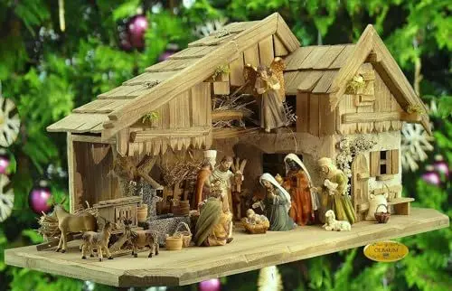 Produktbild: ÖLBAUM-Krippe KA70gg-MFPO-SKR-T2LF2 Große alpenländische Holz-Weihnachtskrippe, mit GRANITBRUNNEN Wassergrand + Premium-DEKOSET Krippenstall, Massivholz GEBEIZT - mit großen