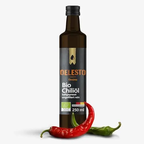 Produktbild: OELESTO® BIO Chili Öl kaltgepresst Rapsöl (NATIV) - Würzöl Chiliöl feurig intensiv - Chilli Oil mühlenfrisch Pizzaöl - Salatdressing Salatöl - Würzen von Dips, Quark, Grillgut, Nudeln, Suppen & Reis