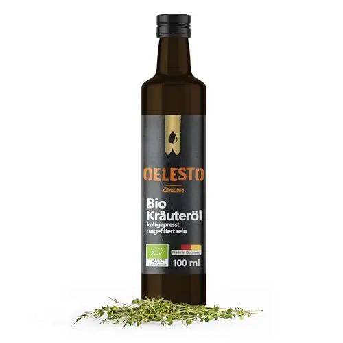 Produktbild: OELESTO® BIO Kräuter-Knoblauchöl kaltgepresst - Kräuteröl intensiv zum Würzen von Dips, Suppen, Quark, Salatdressing - Würzöl mit Kräutern & Knoblauch