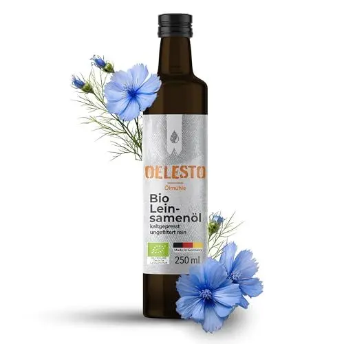Produktbild: OELESTO® BIO LEINSAMENÖL (250 ml) kaltgepresst | edles reines Leinsamenöl | Dips, Salatdressings | Salatöl | Reich an Omega-3-Fettsäuren | Leinöl Bio