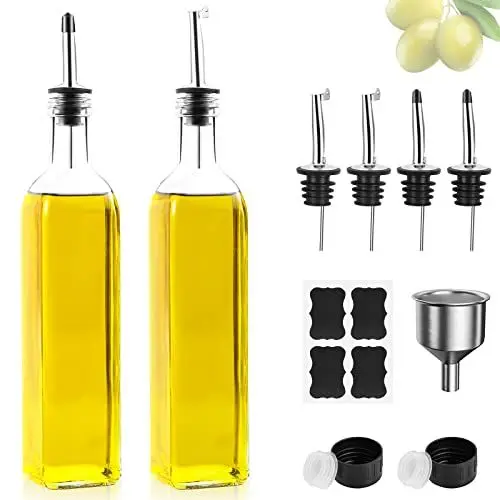 Produktbild: Ölflasche, 2 x 500 ml Essig und Ölspender, Olivenölflasche mit Trichter, Anlaufgeschütztem Deckel, Etikett, Glasflasche für Küche und BBQ