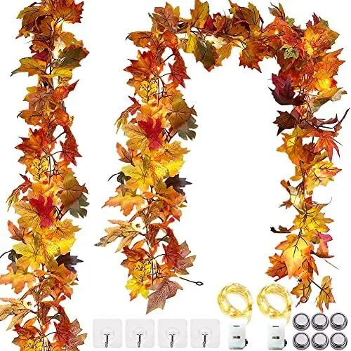 Produktbild: OEMG 2 stück Ahornblatt Girlande, Herbst Blätter, 360cm Herbstblätter Hängepflanze Herbstdeko, Herbstgirlande für Helloween Erntedankfest Kamin Deko (Boxverpackung)