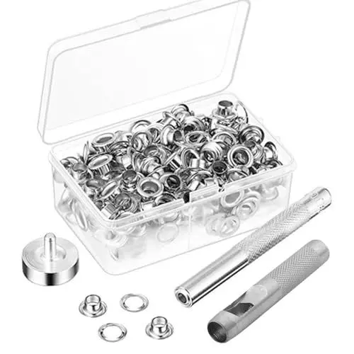 Produktbild: Ösen Werkzeug Kit, 100 Sets Ösen Scheiben 6mm Tülle Ösen Scheiben Ösenzange mit 3tlg Werkzeugset, Grommet Werkzeug Kit für DIY Leder Handwerk Stoff Vorhang Poolabdeckung(Silber)