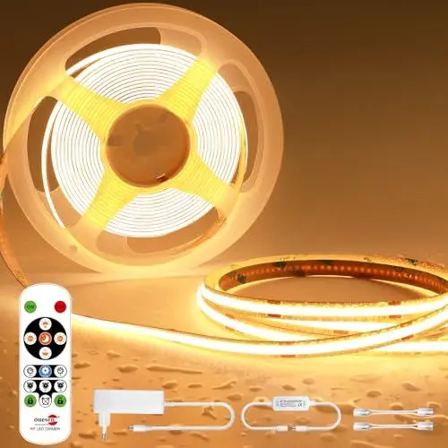 Produktbild: Öuesen COB LED Streifen Warmweiss 5M, Led Strip Dimmbar 24V, 3000K, Lichtband LED Selbstklebend, IP44 Wasserdicht, Band mit Fernbedienung, Lichtleiste für TV, Küche, Wohnzimmer, DIY Indoor Outdoor