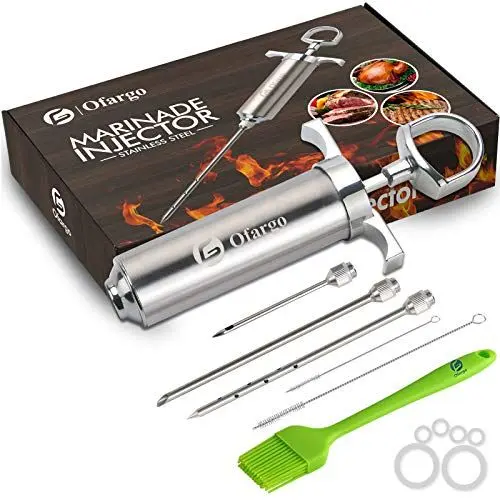 Produktbild: Ofargo Edelstahl Fleischspritze mit 3 Marinadeneinspritznadeln für Holzkohlegrills, 59 ml Fassungsvermögen, inklusive Bedienungsanleitung (evtl. nicht in deutscher Sprache)