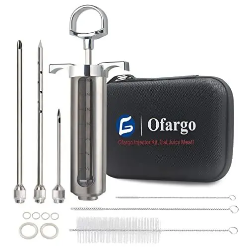Produktbild: Ofargo Fleischspritze aus 304-Edelstahl, mit 3 Marinadennadeln und Reiseetui für Grill, Räuchern, 57 ml, großes Fassungsvermögen·· Bedienungsanleitung und eBook-Rezept