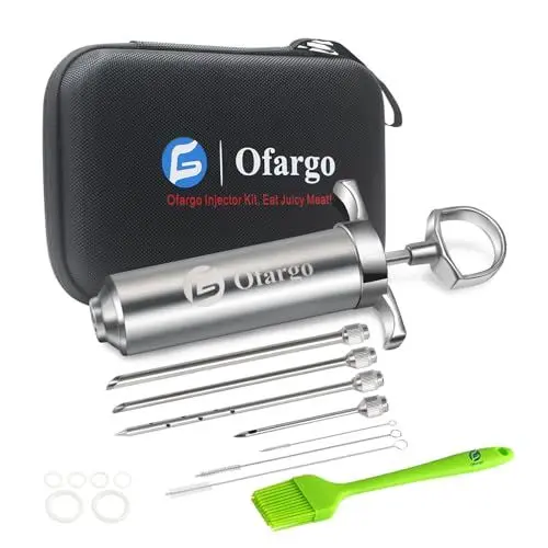 Produktbild: Ofargo Fleischspritze aus 304-Edelstahl, mit 4 Marinadennadeln und Reiseetui für Grill, Räuchern, 57 ml, großes Fassungsvermögen, Bedienungsanleitung und eBook-Rezept