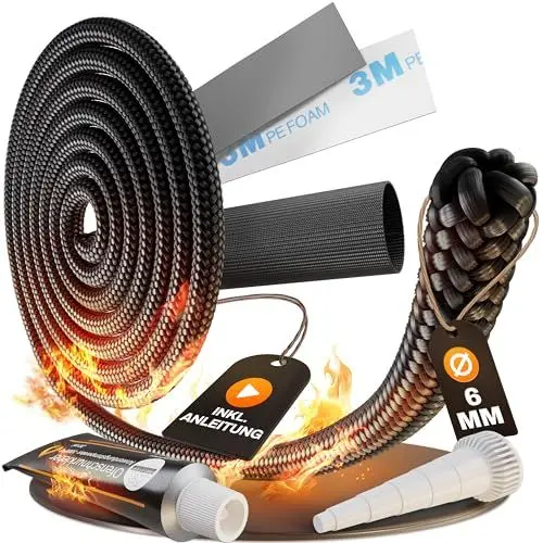 Produktbild: Ofen Dichtschnur 6mm - Komplettset mit Anleitung und Erklärvideo - Kamin Dichtband für Ofen - Ofendichtband feuerfest inkl. Ersatzteile für Kaminofen mit Ofendichtschnurkleber für Ofendichtung 6 mm