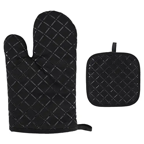 Produktbild: Ofenhandschuhe Anti-Rutsch Topfhandschuhe Silikon Grillhandschuhe mit opflappen für Kochen, Backen, Grillen 4Pcs Schwarz