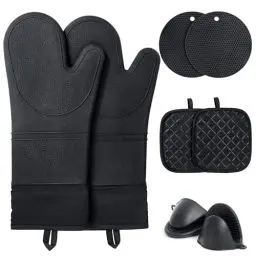 Produktbild: Ofenhandschuhe, Funnydin Silikon-Ofenhandschuh-Set, Grill/Mikrowelle/Koch-Ofenhandschuhe, rutschfest und Hitzebeständig, Inklusive Topflappen und Fritteusen-Ofenhandschuhe