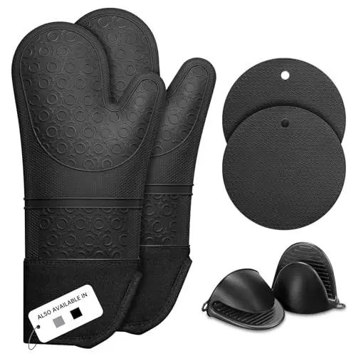 Produktbild: Ofenhandschuhe Silikon, Sopito 6er Set Topflappen Handschuh 230°C Hitzebeständige Extra Lange Anti-Rutsch Zum Kochen, Backen, Ofen, Mikrowelle, Schwarz