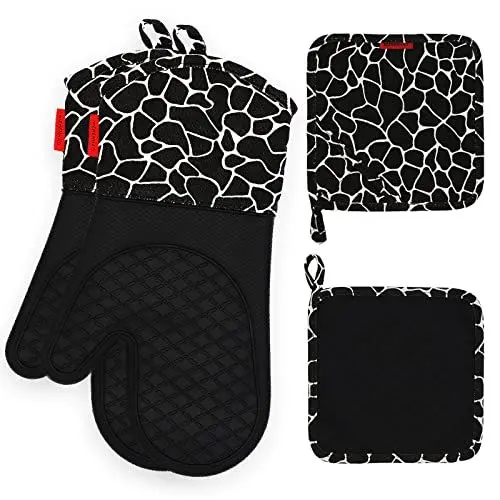 Produktbild: Ofenhandschuhe Topfhandschuhe Anti-Rutsch mit Hitzebeständige Backhandschuhe - 4er Set Kochhandschuhe Topflappen Silikon Hitzebest Geeignet Küchenhandschuhe für Kochen Backen Grillen