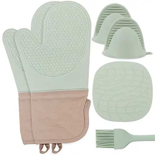 Produktbild: Ofenhandschuhe Topfhandschuhe Anti-Rutsch mit Hitzebeständige Backhandschuhe - 6er Set Kochhandschuhe Topflappen Silikon Hitzebest Geeignet Küchenhandschuhe für Kochen Backen Grillen（Mintgrün）