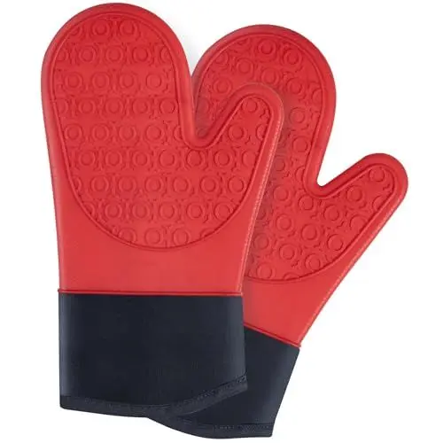 Produktbild: Ofenhandschuhe Topfhandschuhe Silikon - Anti-Rutsch Hitzebeständige Silikon und Flexibilität Baumwolle, 1 Paar 30cm Extra Lange Backhandschuhe Kochhandschuhe für Kochen Backen Grillen (Rot)