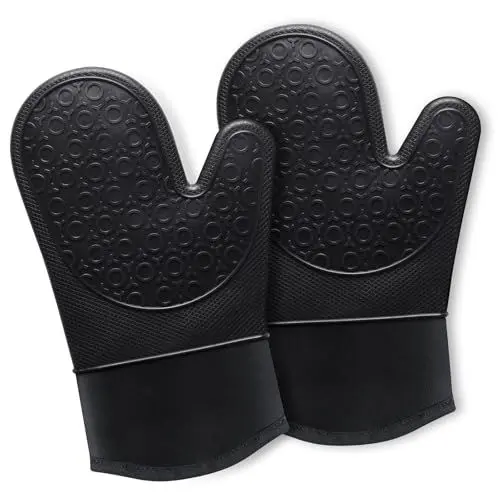 Produktbild: Ofenhandschuhe Topfhandschuhe Silikon - Anti-Rutsch Hitzebeständige Silikon und Flexibilität Baumwolle, 30cm Lange Backhandschuhe Kochhandschuhe für Kochen Backen Grillen (Schwarz)