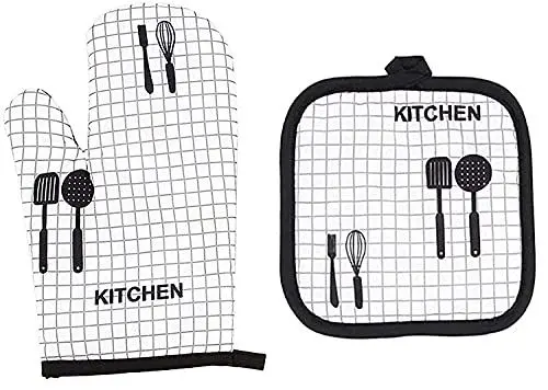 Produktbild: Ofenhandschuhe und Topflappen Set,2 Stück Backhandschuhe Hitzebestaendig Kochhandschuhe für Küche Kochen Backen BBQ Grillen 3 Stück (Schwarz)