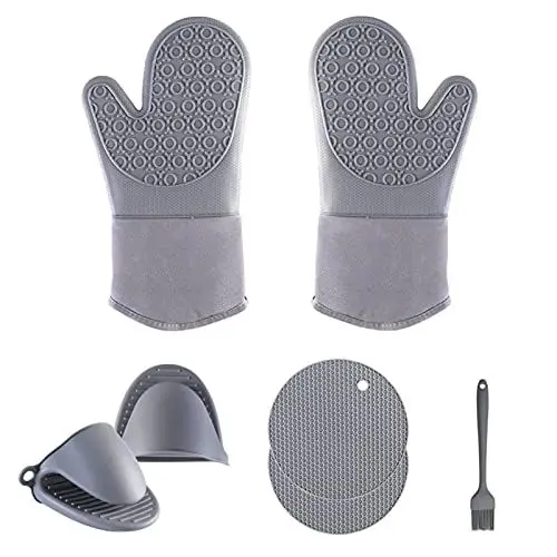 Produktbild: Ofenhandschuhe und Topfuntersetzer aus Silikon 7er Set - 260°C Hitzebeständig Topflappen Handschuh, 34cm Lange, Anti-Rutsch, Grau für Backofen Küche Kochen