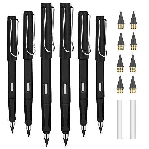 Produktbild: OFFCUP Ewiger Bleistift Metall, 6 Stück Tintenlose Bleistifte Ewig, Unendlicher Bleistift mit Radiergummi, Magischer Bleistifte mit Wechselkopf Magic Pencil Infinity für Erwachsene Studenten -Schwarz