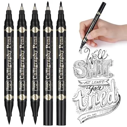 Produktbild: OFFCUP Kalligraphie Stifte, 5 Calligraphie Handlettering Stifte, Schwarz Kalligraphie Set mit 4 Größen Kalligrafiespitze für Anfänger Kaligraphiestifte Set für Hand-Lettering, Journal, Grußkarten