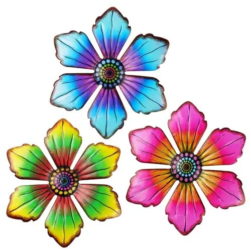 Produktbild: OFFCUP Metall Blumen Wanddeko, 3 Stück Blumen Gartendeko Metall Wanddekoration, Garten Dekorationen Wanddeko Metall Home Dekorationen Wandkunst Deko Gartenskulpturen für Outdoor Zäune Terrasse
