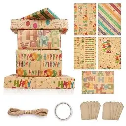 Produktbild: OFFCUP Nachhaltiges Geschenkverpackung Papier, Öko Kraft Geschenk Papier, 5 Blatt 70 * 50 cm braunes gefaltetes Papier mit Jutesaiten 10 Geschenkanhänger und 1 Rolle doppelseitiges Klebeband