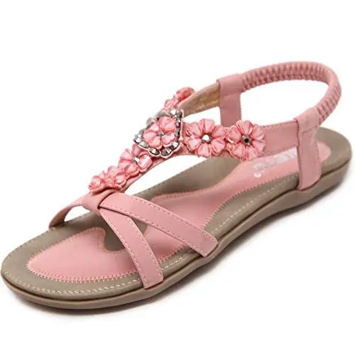 Produktbild: Acfoda Offene Sandalen Damen Sommer Schuhe mit Blumen Strass Flach Bohemian Sandaletten Frauen mit Weiche Fussbett Outdoor Freizeit Beach Strandschuhe Rosa 39 EU = Herstellergröße 40