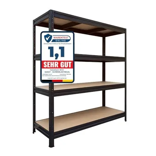 Produktbild: OfficeMarshal Schwerlastregal extra breit - XXL Breite 200 cm - Metallregal mit 1200 kg Gesamttraglast - Steckregal für Garage, Keller, Werkstatt - 2 Breiten & 3 Farben (schwarz, 177x200x60 cm)